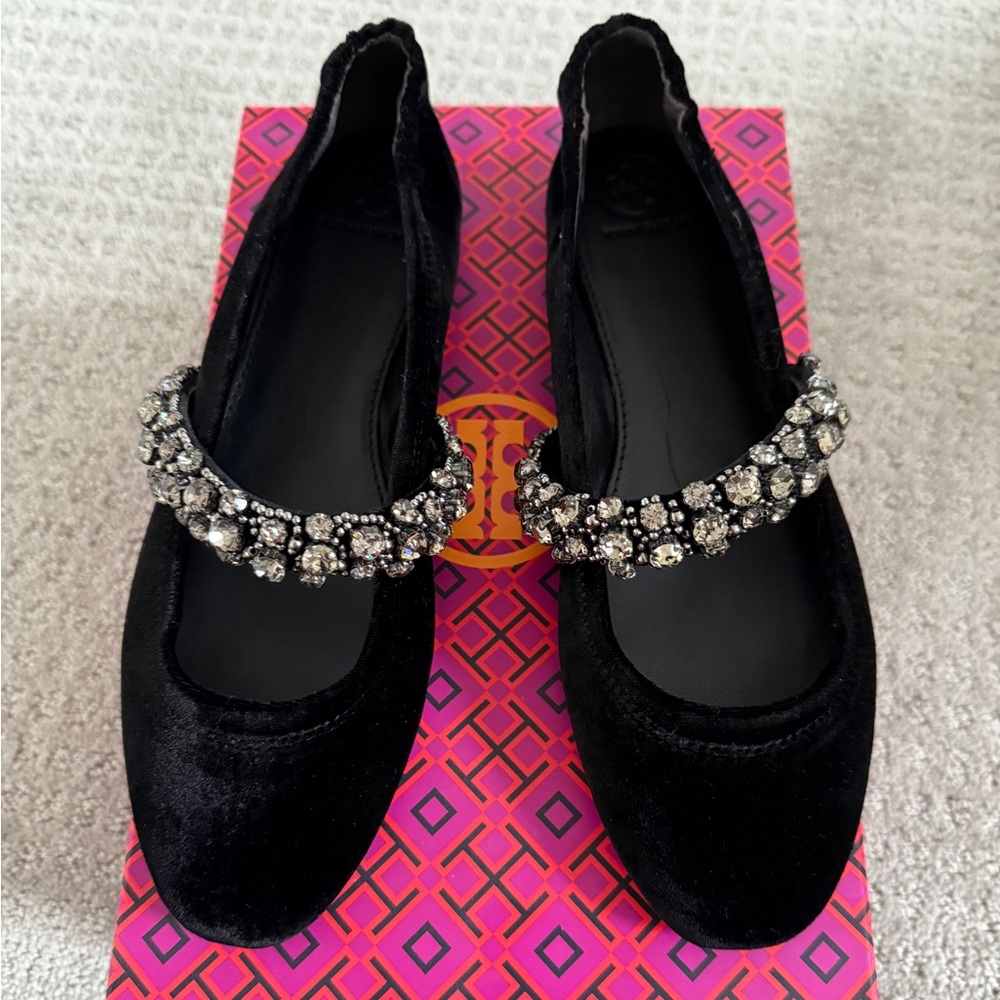 BRAND NEW, in box Tory Burch velvet ballet flats with crystal strap, size 8